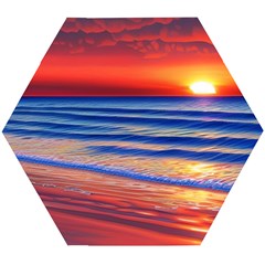 Golden Sunset Over Beach Wooden Puzzle Hexagon by GardenOfOphir