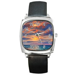 Serene Sunset Over Beach Square Metal Watch by GardenOfOphir