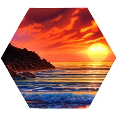 Reflecting Sunset Over Beach Wooden Puzzle Hexagon by GardenOfOphir