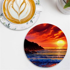 Reflecting Sunset Over Beach Uv Print Round Tile Coaster by GardenOfOphir