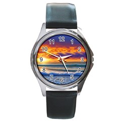 Summer Sunset Over The Ocean Round Metal Watch by GardenOfOphir