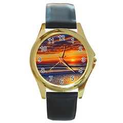 Nature s Sunset Over Beach Round Gold Metal Watch by GardenOfOphir