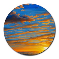 Orange Sunset On The Beach Round Mousepad by GardenOfOphir