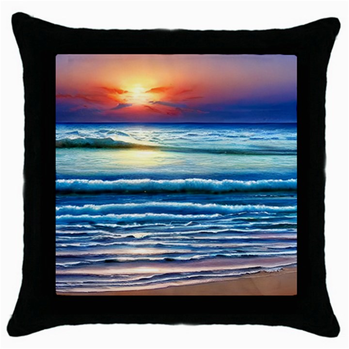 Sunset Beach Waves Throw Pillow Case (Black)