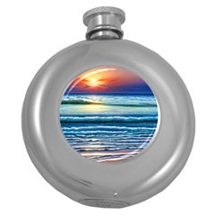 Sunset Beach Waves Round Hip Flask (5 Oz) by GardenOfOphir