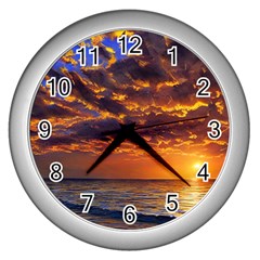 Orange Sunburst Wall Clock (silver) by GardenOfOphir