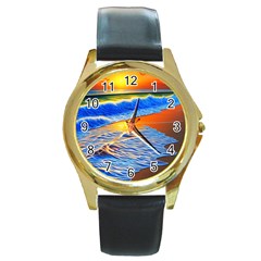 Summer Sunset At The Beach Round Gold Metal Watch by GardenOfOphir