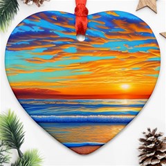 Golden Sunsets Over The Ocean Heart Ornament (two Sides) by GardenOfOphir