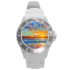 Golden Sunsets Over The Ocean Round Plastic Sport Watch (l) by GardenOfOphir