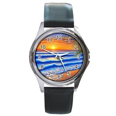 Summer Sunset Surf Round Metal Watch by GardenOfOphir