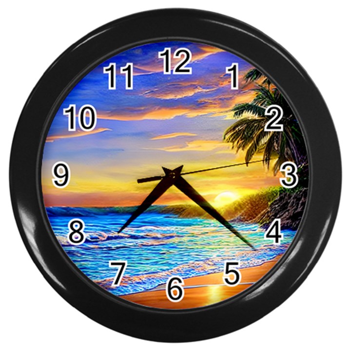 Sunrise At The Beach Wall Clock (Black)