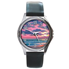 Sunset Over The Beach Round Metal Watch by GardenOfOphir