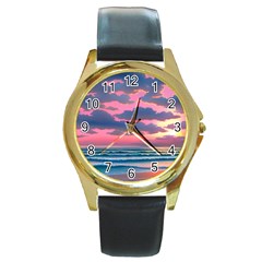 Sunset Over The Beach Round Gold Metal Watch by GardenOfOphir