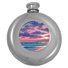 Sunset Over The Beach Round Hip Flask (5 Oz) by GardenOfOphir