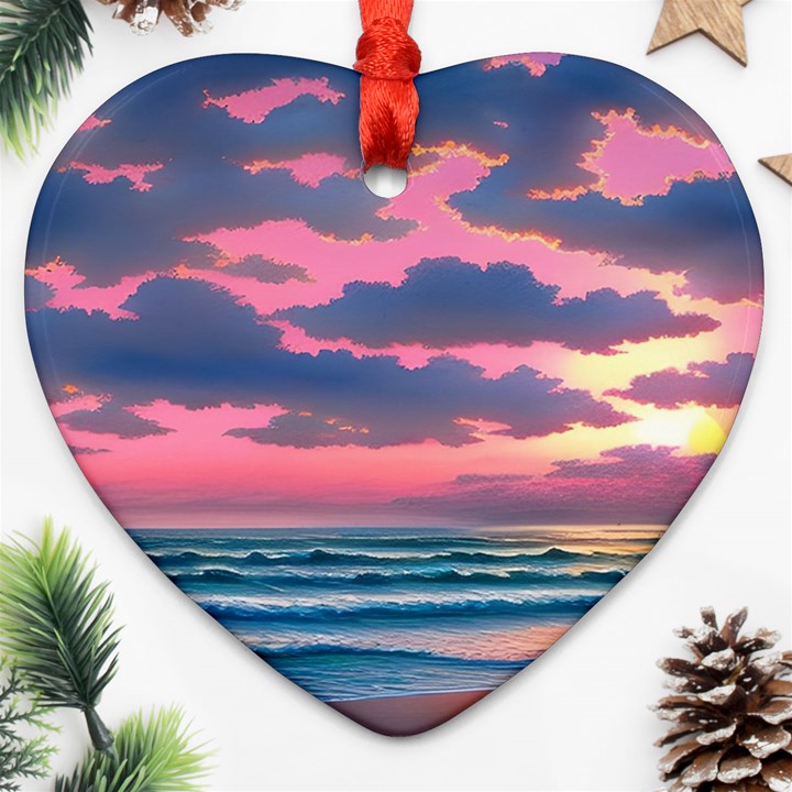 Sunset Over The Beach Heart Ornament (Two Sides)