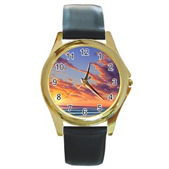 Summer Sunset Over Beach Round Gold Metal Watch by GardenOfOphir