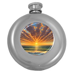 Waves At Sunset Round Hip Flask (5 Oz) by GardenOfOphir