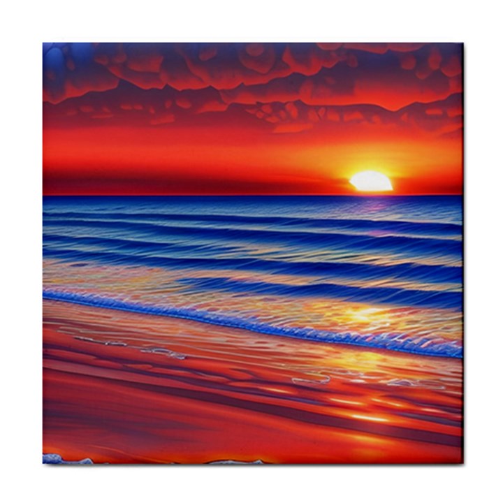 Golden Sunset Over Beach Tile Coaster