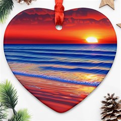 Golden Sunset Over Beach Heart Ornament (two Sides) by GardenOfOphir