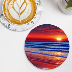 Golden Sunset Over Beach Uv Print Round Tile Coaster by GardenOfOphir