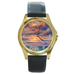 Serene Sunset Over Beach Round Gold Metal Watch by GardenOfOphir