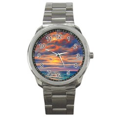 Serene Sunset Over Beach Sport Metal Watch by GardenOfOphir