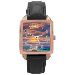 Serene Sunset Over Beach Rose Gold Leather Watch  by GardenOfOphir