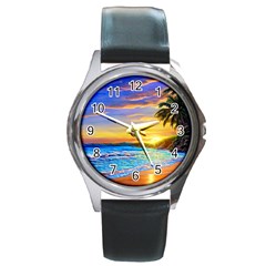 Sunrise At The Beach Round Metal Watch by GardenOfOphir