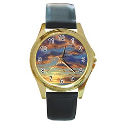 Sunrise Over The Sand Dunes Round Gold Metal Watch by GardenOfOphir