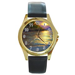 Sunset At The Surf Round Gold Metal Watch by GardenOfOphir