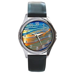 Modern Sunset Over The Ocean Round Metal Watch by GardenOfOphir