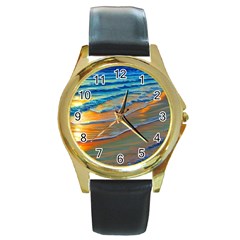 Modern Sunset Over The Ocean Round Gold Metal Watch by GardenOfOphir