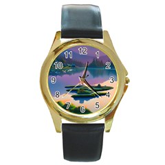 Astonishing Lake View Round Gold Metal Watch by GardenOfOphir