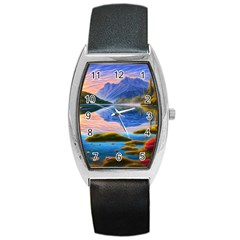 Romantic Lake Sunset Barrel Style Metal Watch by GardenOfOphir