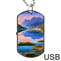 Romantic Lake Sunset Dog Tag Usb Flash (one Side) by GardenOfOphir