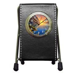 Remarkable Lake Sunset Pen Holder Desk Clock by GardenOfOphir