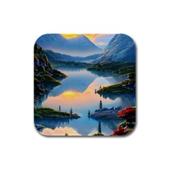 Somber Lake Sunset Rubber Square Coaster (4 Pack) by GardenOfOphir