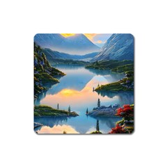 Somber Lake Sunset Square Magnet by GardenOfOphir