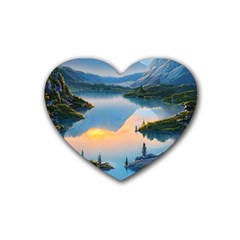 Somber Lake Sunset Rubber Coaster (heart) by GardenOfOphir