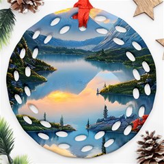 Somber Lake Sunset Round Filigree Ornament (two Sides) by GardenOfOphir