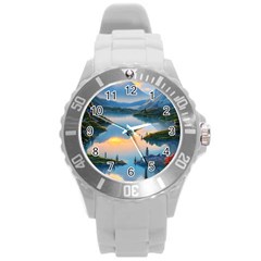 Somber Lake Sunset Round Plastic Sport Watch (l) by GardenOfOphir