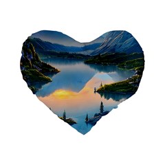 Somber Lake Sunset Standard 16  Premium Heart Shape Cushions by GardenOfOphir