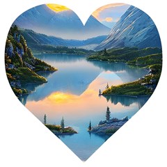 Somber Lake Sunset Wooden Puzzle Heart by GardenOfOphir