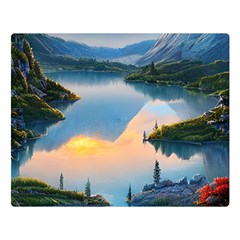 Somber Lake Sunset One Side Premium Plush Fleece Blanket (large) by GardenOfOphir