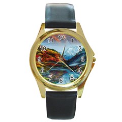 Breathtaking Landscape Scene Round Gold Metal Watch by GardenOfOphir