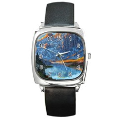 Majestic Lake Landscape Square Metal Watch by GardenOfOphir