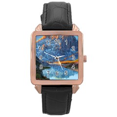 Majestic Lake Landscape Rose Gold Leather Watch  by GardenOfOphir