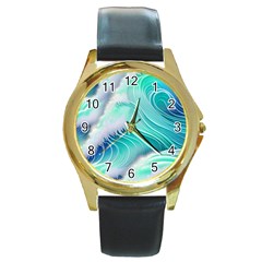 Stunning Pastel Blue Ocean Waves Round Gold Metal Watch by GardenOfOphir