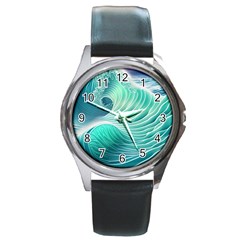 Pink Sky Blue Ocean Waves Round Metal Watch by GardenOfOphir