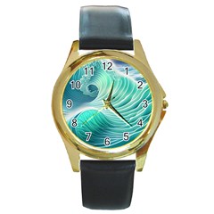 Pink Sky Blue Ocean Waves Round Gold Metal Watch by GardenOfOphir